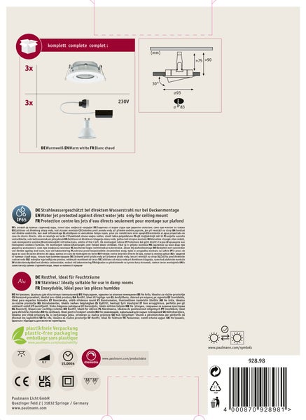 Paulmann Nova Plus LED Einbaustrahler Set mit drei schwenkbaren LED Spots GU10 7 Watt IP65 dimmbar