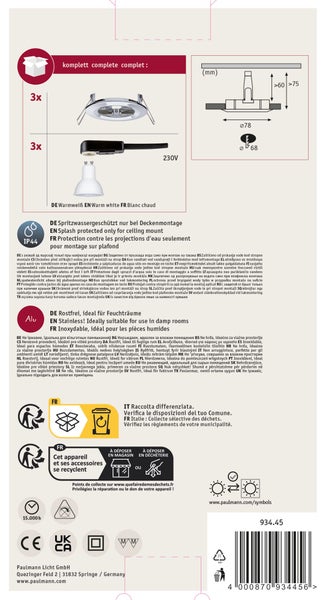 Technisches Datenblatt für Paulmann Einbauleuchten Set mit IP44 Spritzwasserschutz und Einbaumaßen für die Deckenmontage