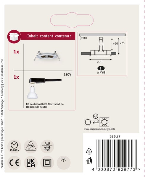 Produktverpackung für einen Paulmann Einbau-Strahler mit technischer Zeichnung, Maßen, Lichtfarbe Neutralweiß und technischen Symbolen.