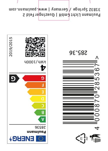 EU Energieeffizienzlabel mit Produktdaten für eine Paulmann Leuchte der Energieeffizienzklasse G und QR Code sowie Strichcode.