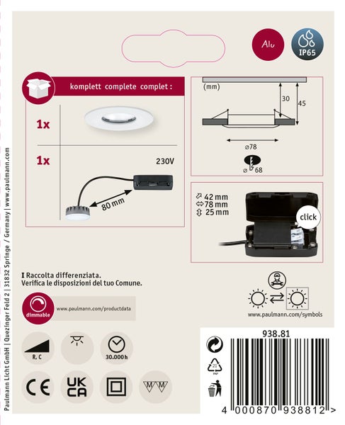 Technische Zeichnung und Lieferumfang für Paulmann LED Einbauleuchte, 230 Volt, dimmbar, Schutzart IP65, Aluminium, inklusive Anschlussbox.