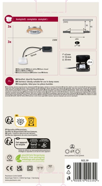 Dreierpack LED Einbaustrahler aus Holz und Aluminium für Feuchträume, warmweißes Licht, inklusive technischer Maße und Entsorgungshinweise.