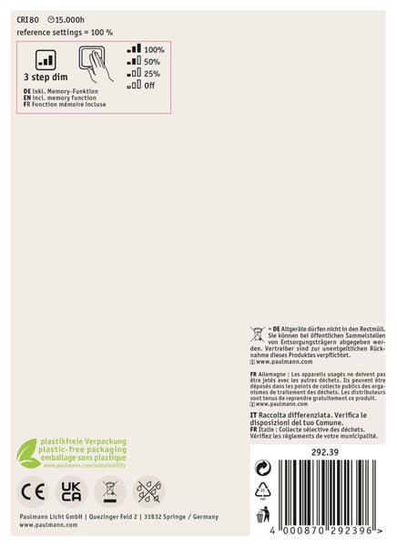 Technische Informationen und Entsorgungshinweise auf der Produktverpackung von Paulmann Licht.