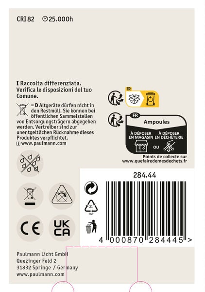 Rückseite einer Paulmann Leuchtmittelverpackung mit technischen Daten, Entsorgungshinweisen, CE und UKCA Kennzeichnung sowie Strichcode.