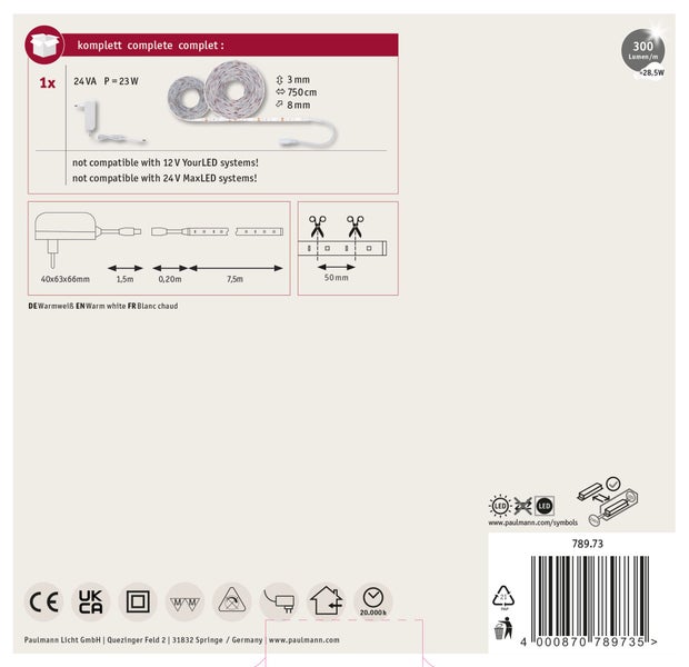 Paulmann LED Streifen Set 7,5 Meter warmweiß mit Netzteil 24 Volt, inklusive technischer Zeichnungen und Produktinformationen.