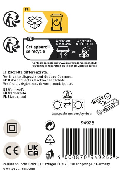 Produktverpackungsinformationen und Entsorgungshinweise mit Barcode von Paulmann Licht
