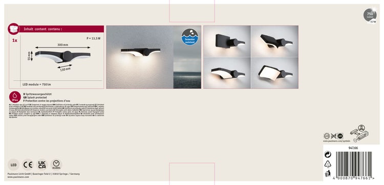 Produktverpackung einer verstellbaren LED Außenwandleuchte mit Abmessungen, technischen Daten, Schutzart IP44 und seewasserfestem Symbol.