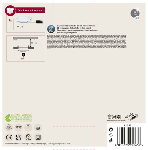 Produktverpackung eines LED Einbaustrahlers mit technischen Spezifikationen, IP44 Schutzklasse, Abmessungen und Paulmann Logo.