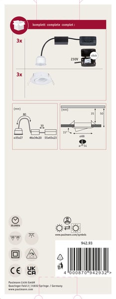 Einbaustrahler Set von Paulmann mit drei Leuchten inklusive technischer Zeichnungen und Maßen sowie Symbolen für Lebensdauer und Montage.