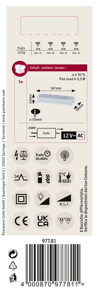 Technisches Datenblatt für Paulmann elektronischen Transformator 70 VA mit Maßangaben und Symbolen für elektrische Eigenschaften und Entsorgung.