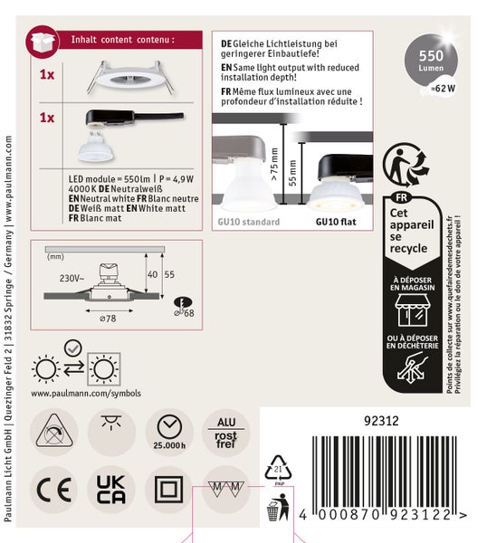 Paulmann LED Einbaustrahler Set matt weiß mit 4,9 Watt, 550 Lumen und neutralweißer Lichtfarbe, inklusive technischer Montageanleitung.