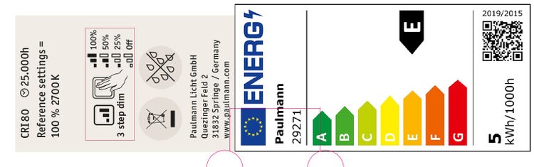 Paulmann LED Leuchtmittel Energielabel mit Effizienzklasse E und technischen Produktdaten zur Dimmfunktion und Lebensdauer.