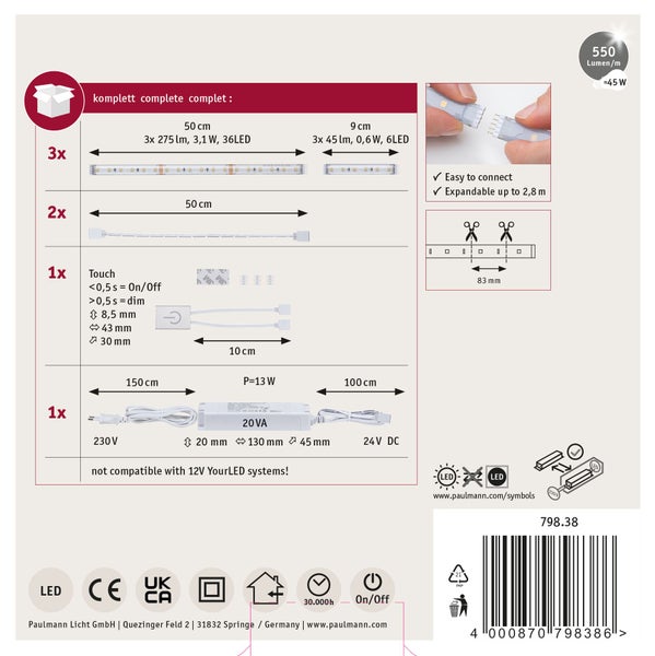 Produktübersicht Paulmann LED Streifen Set mit Touch Schalter, Details zu Lieferumfang, Maßen, technischer Leistung und Montageanleitung.