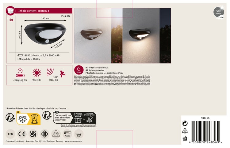 LED Außenwandleuchte mit Bewegungsmelder und Akku, inklusive Montageanleitung und technischer Spezifikationen, spritzwassergeschützt gemäß IP44.