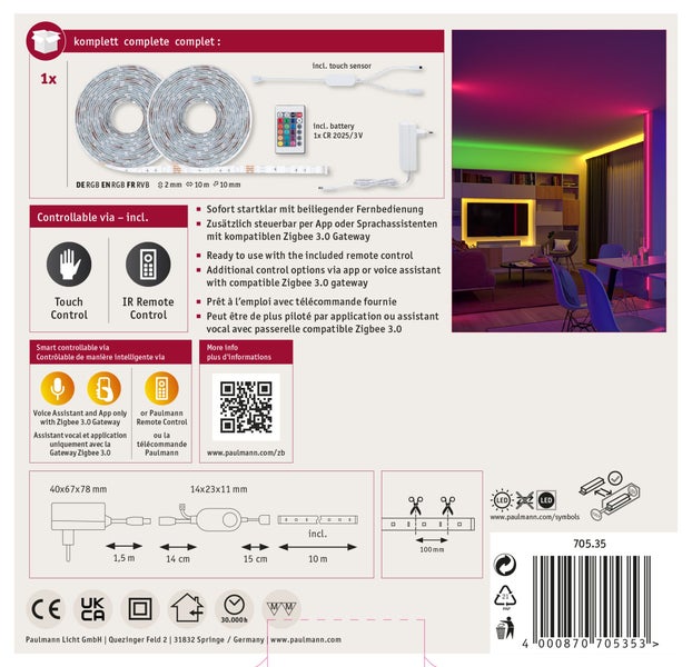 SimpLED LED Strip Smart Home Zigbee 3.0 RGB Komplettset 10m beschichtet 26W 90lm/m 30 LEDs/m RGB 36VA