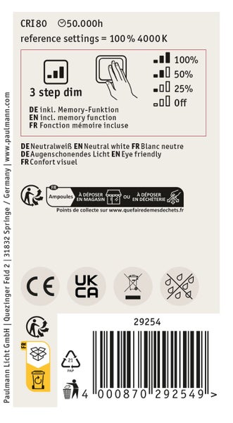 Informationen zur Paulmann LED Leuchte mit 3 Stufen Dimmfunktion, Memory Funktion, neutralweißer Lichtfarbe und technischen Kennzeichnungen.