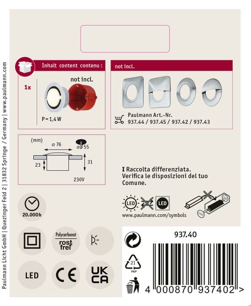 Produktverpackung Paulmann LED Einbauleuchte mit technischen Details und Montagehinweisen