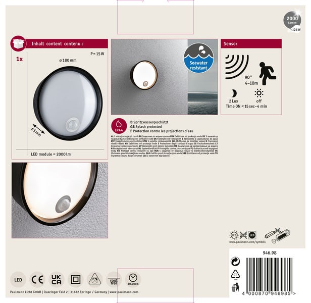 LED Außenwandleuchte Platomo Dämmerungsgesteuerter Bewegungsmelder (IR) seewasserresistent IP44 rund 180 mm 3000K 14,5W 1200lm 230V Schwarz Kunststoff