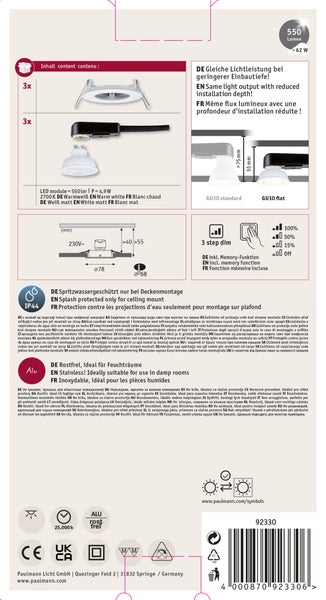 Produktverpackung eines Paulmann Zigbee Wandschalters mit technischen Daten, Maßen, QR Code und Konformitätskennzeichnungen.