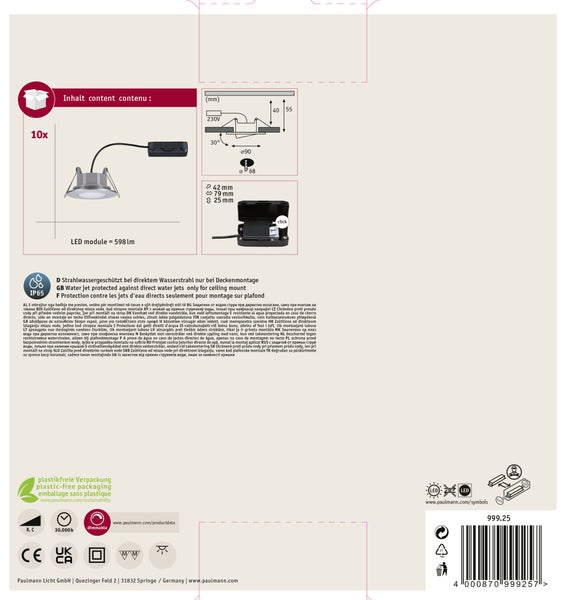 Technische Zeichnung mit Montageanleitung und Produktinformationen für Paulmann LED Einbaustrahler, Set aus zehn Stück mit IP 65 Schutzart.
