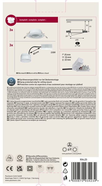 Dreierpack LED Einbaustrahler, warmweiß, Schutzart IP23 bei Deckenmontage, fünf Jahre Garantie ohne Leuchtmittel, inklusive Anschlussbox.