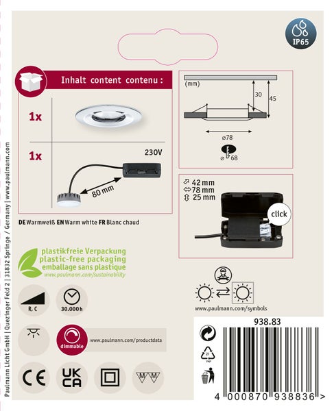 Paulmann LED Einbaustrahler Set mit 230 Volt Anschluss und Schutzart IP65 inklusive technischer Zeichnung und Produktdetails