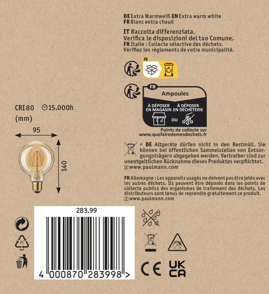 LED Filament Globe Lampe mit E27 Sockel und Angaben zu Maßen, Lebensdauer und Entsorgungshinweisen auf der Verpackung.