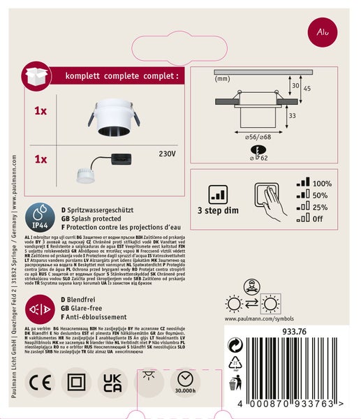 Produktverpackung eines Paulmann LED Einbaustrahlers mit technischen Daten, Einbaumaßen, IP44 Schutzart und dreistufiger Dimmfunktion.