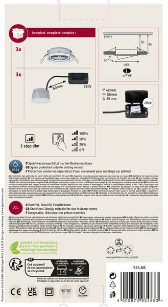 Technische Zeichnung und Produktdetails eines Paulmann Einbaustrahlers mit Dimmfunktion und Schutzart IP23 für Deckenmontage in Feuchträumen.
