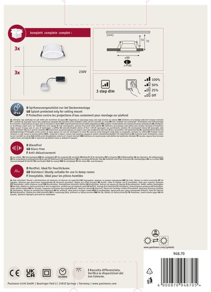 Lieferumfang eines LED-Einbaustrahlers mit Modul, Rahmen, technischer Zeichnung in Millimeter und Hinweis auf 5 Jahre Garantie.