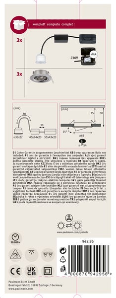 Einbaustrahler Set mit drei LED Einbauleuchten inklusive Montagematerial und technischer Maßzeichnung auf der Verpackung.