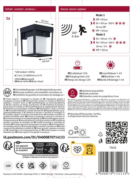 Technische Zeichnung und Funktionsbeschreibung einer quadratischen LED Außenwandleuchte mit Bewegungssensor inklusive Maßen und Symbolen.