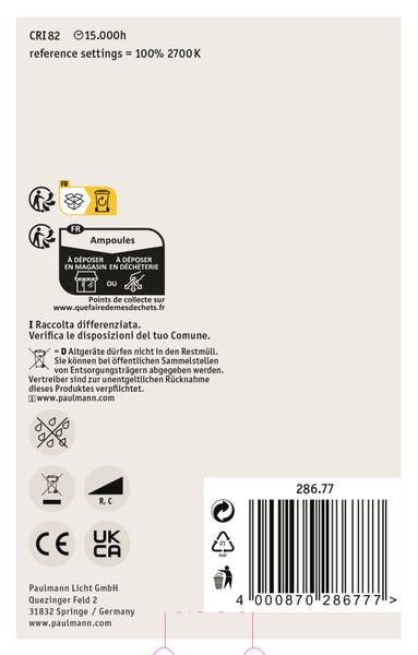 Technische Informationen und Entsorgungshinweise fuer Paulmann LED Leuchtmittel auf der Verpackung mit Barcode und Konformitaetszeichen.