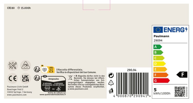 Paulmann LED Leuchtmittel 29094 Energielabel mit technischen Informationen und Entsorgungshinweisen.