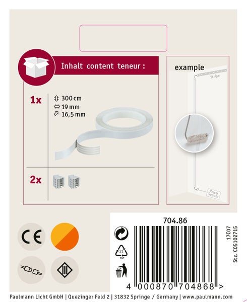 Zwei Sets LED-Zubehör: 127 Millimeter Verbindungskabel, 117,5 Millimeter Adapterkabel, 13,5 Millimeter Verbinder. Fünf Jahre Garantie.