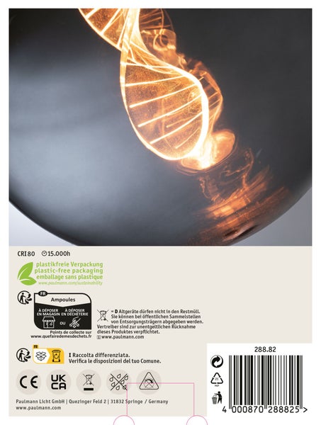 Paulmann LED Globelampe E27 mit DNA-förmigem Leuchtkörper und Verpackung