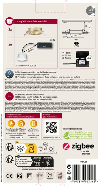 Drei goldfarbene Zigbee Einbaustrahler