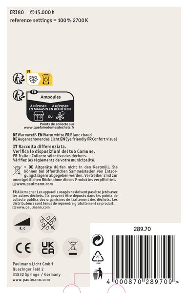 Technische Produktinformationen und Entsorgungshinweise auf der Verpackung einer Paulmann LED Lampe mit Barcode.