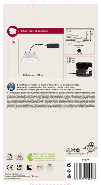 Verpackungsrückseite eines dreiteiligen Paulmann LED Einbaustrahler Sets mit technischen Zeichnungen, Maßen und Informationen zur IP65 Schutzart.