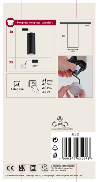 Dreierpack LED Einbaustrahler aus Aluminium in Warmweiß, IP23 Spritzwasserschutz für die Deckenmontage, inklusive technischer Maßzeichnung.