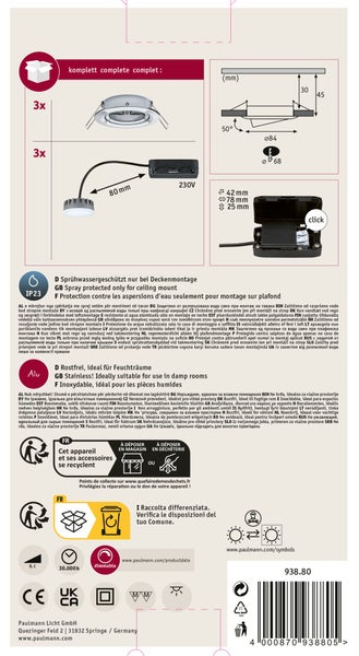 LED Einbauleuchte Nova Plus Coin Basisset schwenkbar rund 84 mm 50° Coin 3x6W 3x470lm 230V dimmbar 2700K Chrom
