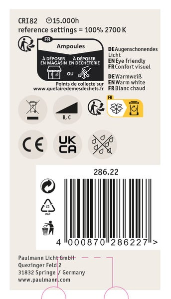 Technische Informationen auf der Produktverpackung eines Paulmann Leuchtmittels mit Barcode und Entsorgungshinweisen.