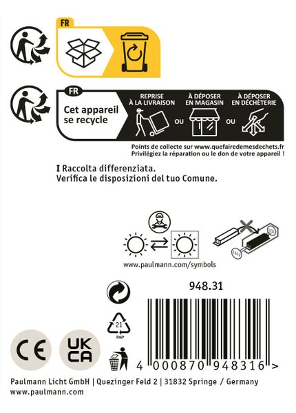 Informationen zur Entsorgung und Produktkennzeichnung der Paulmann Licht GmbH mit Barcode und Konformitätszeichen für eine Leuchte.