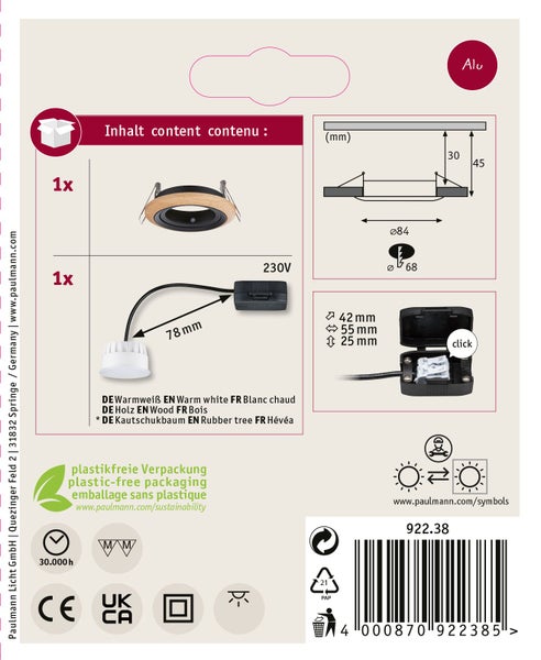 Paulmann Lanati LED Einbauleuchte Set schwenkbar Eiche Optik mit LED Coin 470 Lumen 2700 Kelvin warmweiß inklusive Verpackung