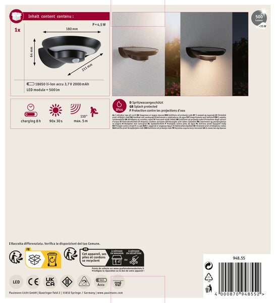 LED Aussenwandleuchte mit Bewegungsmelder IP44 inklusive Akku und Abmessungen