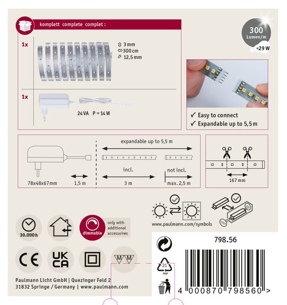 Produktverpackung eines Paulmann LED Einbaustrahlers mit technischen Daten, Montageanleitung und Symbolen für Spritzwasserschutz und Nachhaltigkeit.