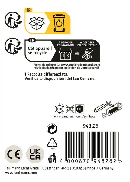 Informationen zur Entsorgung und Recycling sowie technische Symbole für ein Produkt der Firma Paulmann Licht.