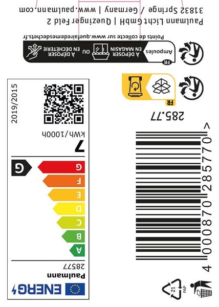 Paulmann LED Leuchtmittel Energielabel mit Energieeffizienzklasse G und Strichcode.