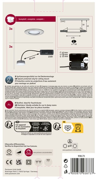 Technische Anleitung und Produktdaten für ein Set von drei Paulmann LED Einbaustrahlern mit Maßangaben, IP44 Schutzklasse und Entsorgungshinweisen.