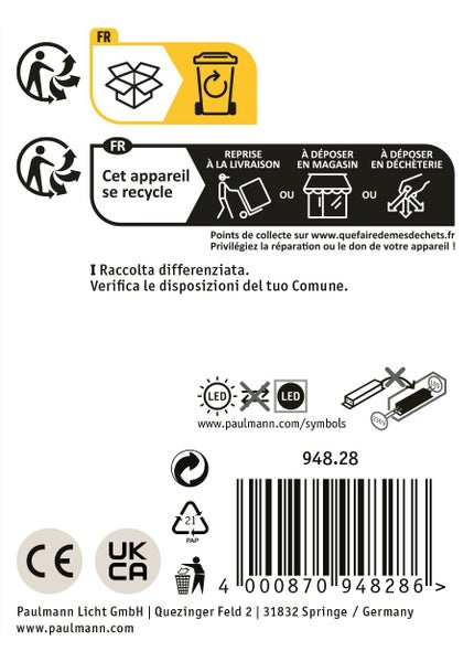 Informationen zur Entsorgung und Recycling sowie Konformitätskennzeichen und Barcode des Produkts von Paulmann Licht.
